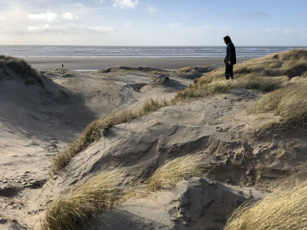 Persoon in de duinen met de zee op de achtergrond