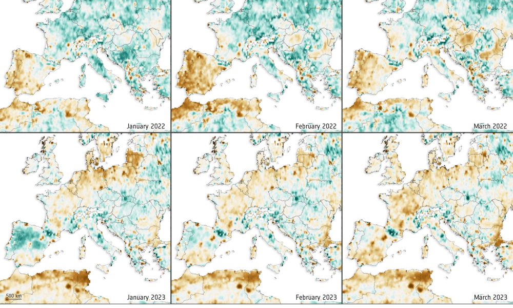 Zes verschillende kaarten van Europa van januari, februari en maart 2022 en januari, februari en maart 2023 met daarop een droogte index op een schaal van -4 in rood weergeven en 4 in groen weergegeven ten opzichte van een referentieperiode 2010 tot 2023.